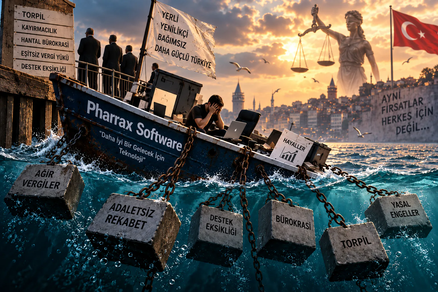 Batmakta olan "Pharrax Software" gemisi: ağır vergiler, adaletsiz rekabet, bürokrasi, torpil, yasal engeller ve destek eksikliği yazılı beton bloklar zincirlerle gemiyi dibe çekiyor. Arka planda İstanbul silueti, gözü bağlı adalet heykeli ve Türk bayrağı.